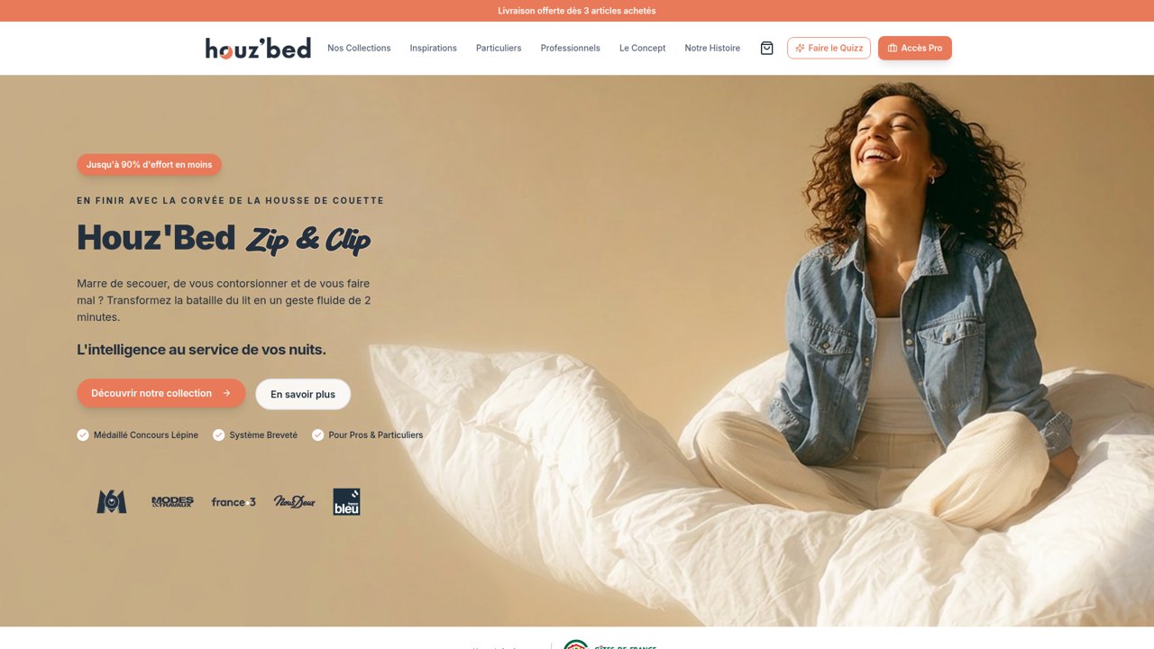 Page d'accueil du site Houz'Bed, housse de couette Zip & Clip