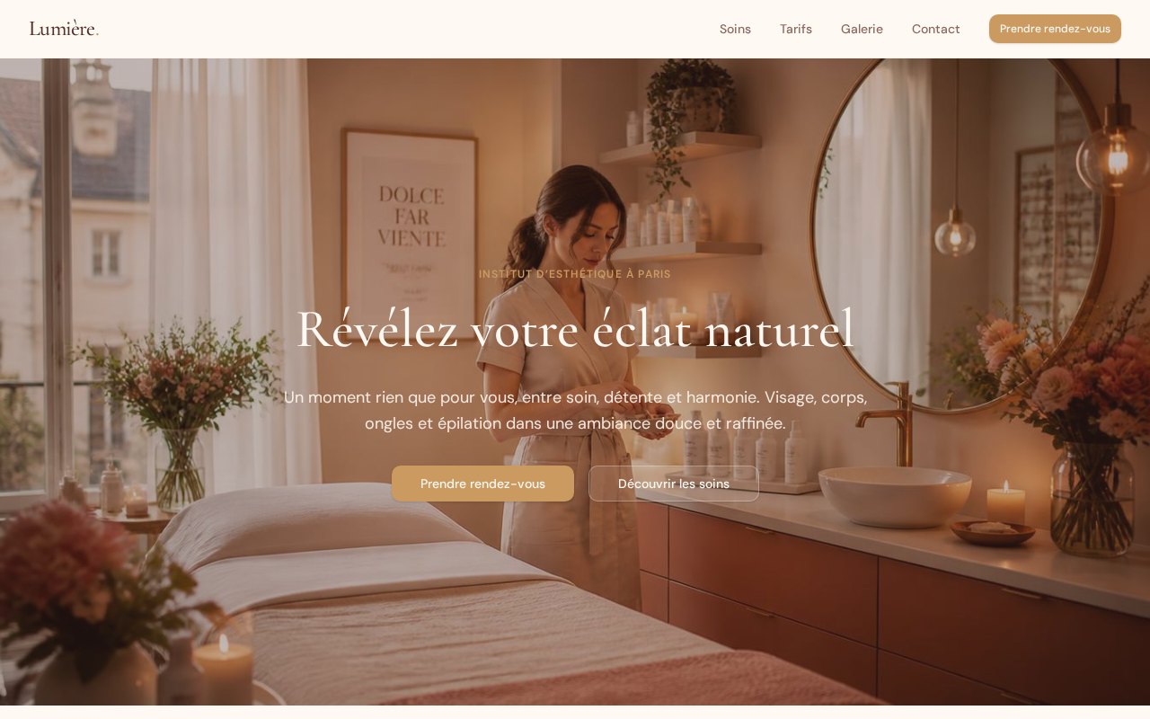 Page d'accueil du site Lumière Beauté, institut d'esthétique à Paris